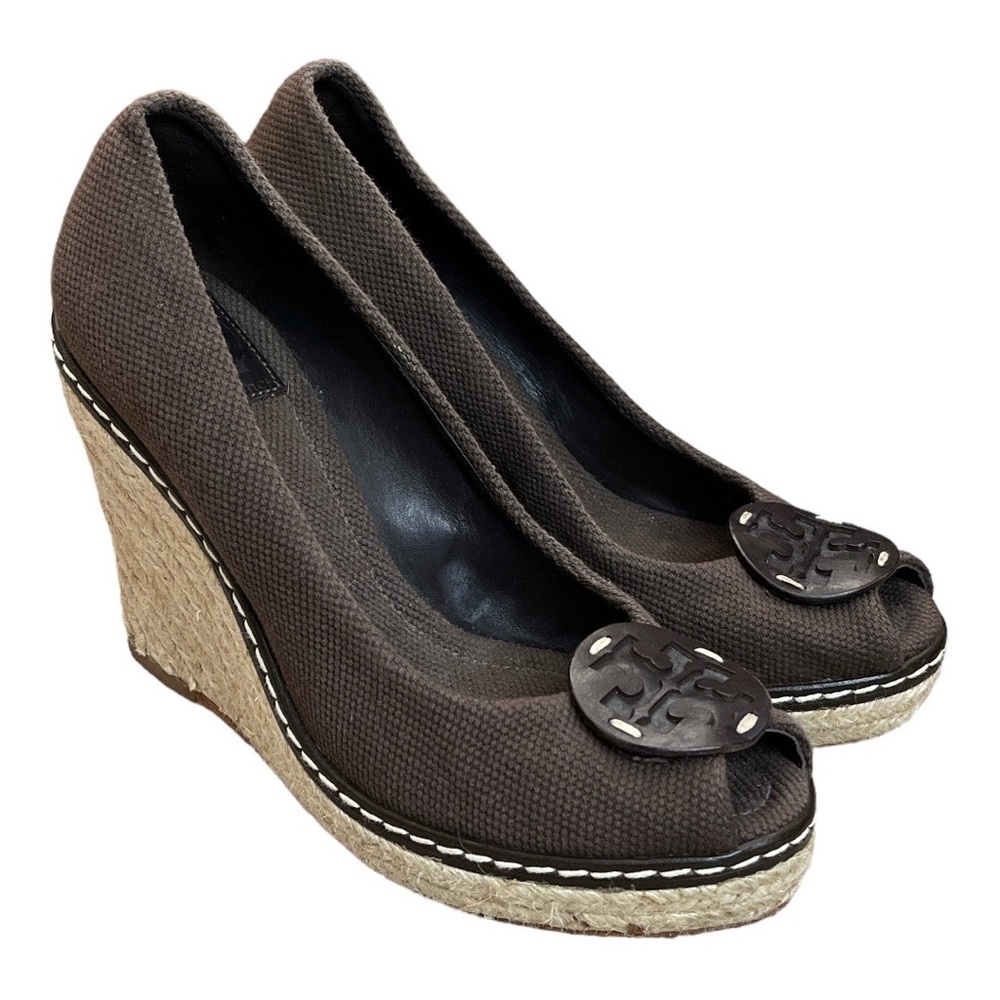 Tory Burch Logo Brown Canvas Espadrille Peep-Toe Wedge Pumps